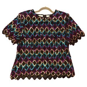 Sténay Sequin Top 1X Plus Size Multi-Color Diamond Pattern Glam‎ Festive